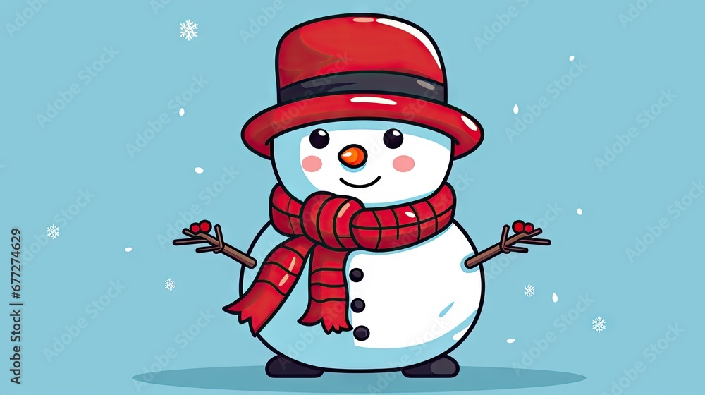  a snowman wearing a red hat, scarf and a red scarf around his neck, standing in front of a blue background with snowflakes and snowflakes.  generative ai