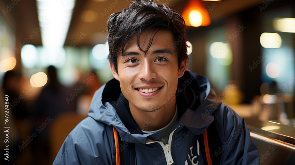 Young Asian boy looking at the camera. Happy man in restaurant. College student. Young traveler with technical camping clothing. Diffuse background with copy space. Young Asian boy looking at the camera. Happy man in restaurant. College student. Young traveler with technical camping clothing. Diffuse background with copy space.