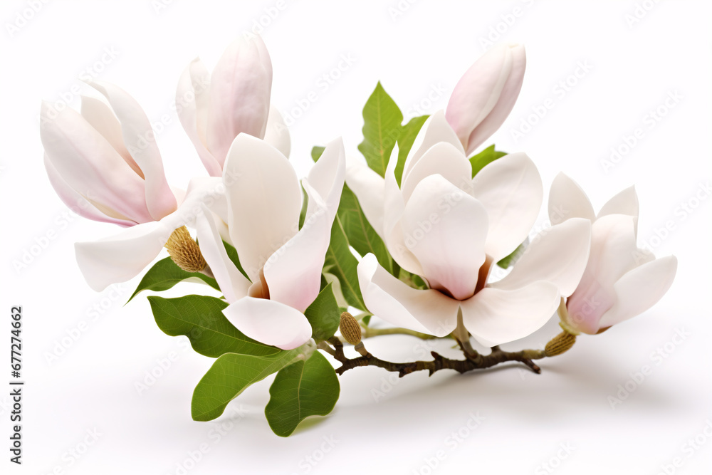 A delightful magnolia blossom arrangement, isolated upon a white vista.