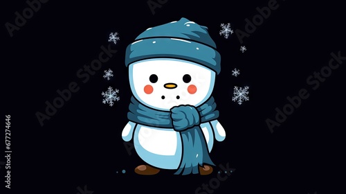  a snowman wearing a blue hat and scarf with snowflakes on it's head and a scarf around his neck, standing in front of a black background. generative ai