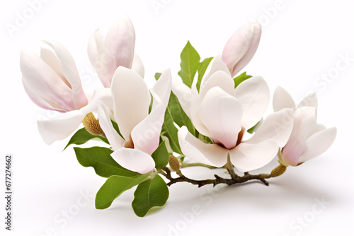 A delightful magnolia blossom arrangement, isolated upon a white vista.