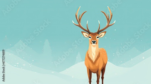  a deer standing in the middle of a snow covered field with a blue sky in the back ground and trees in the back ground, with snow on the ground. generative ai