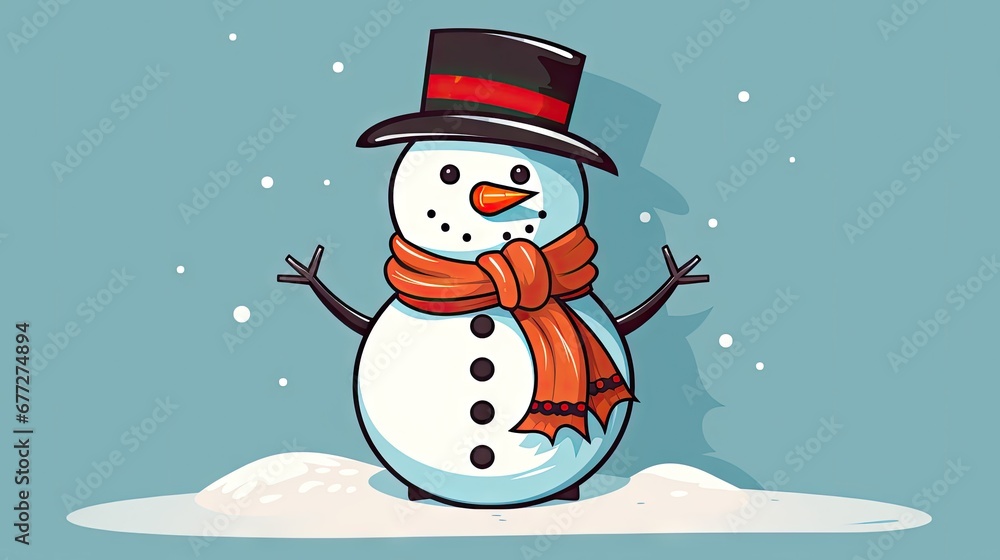  a snowman wearing a top hat, scarf, and a scarf around his neck, standing in the snow with his hands in the air and his eyes closed.  generative ai