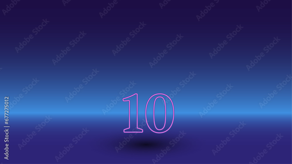 Neon number ten symbol on a gradient blue background. The isolated symbol is located in the bottom center. Gradient blue with light blue skyline Neon number ten symbol on a gradient blue background. The isolated symbol is located in the bottom center. Gradient blue with light blue skyline