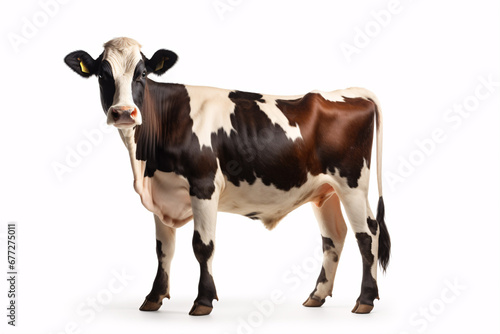 A black-and-white cow is solo  standing erect with a full-body view on a white backdrop.