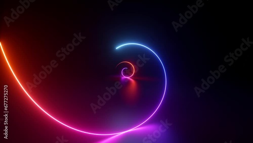 cycled 3d animation, abstract minimalist geometric background, neon spiral line, simple glowing helix. Modern wallpaper photo