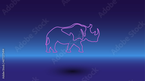 Neon rhinoceros symbol on a gradient blue background. The isolated symbol is located in the bottom center. Gradient blue with light blue skyline