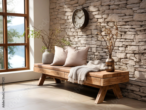 Wooden rustic bench near wild stone cladding wall against window. Farmhouse interior design of modern home entryway.