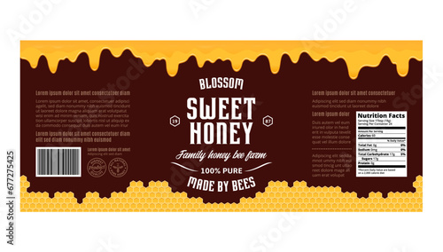 Honey label or packaging design template with honeycombs and dripping honey photo