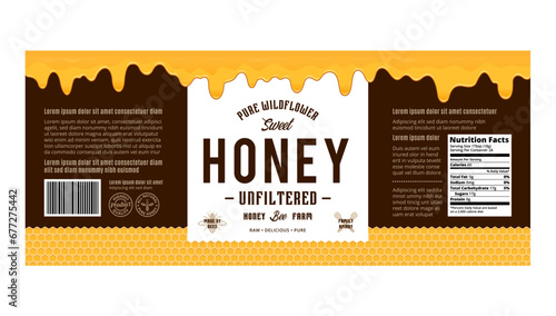 Honey label or packaging design template with honeycombs and dripping honey