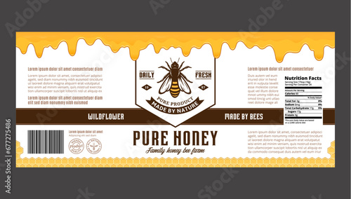 Honey label or packaging design template with honeycombs and dripping honey