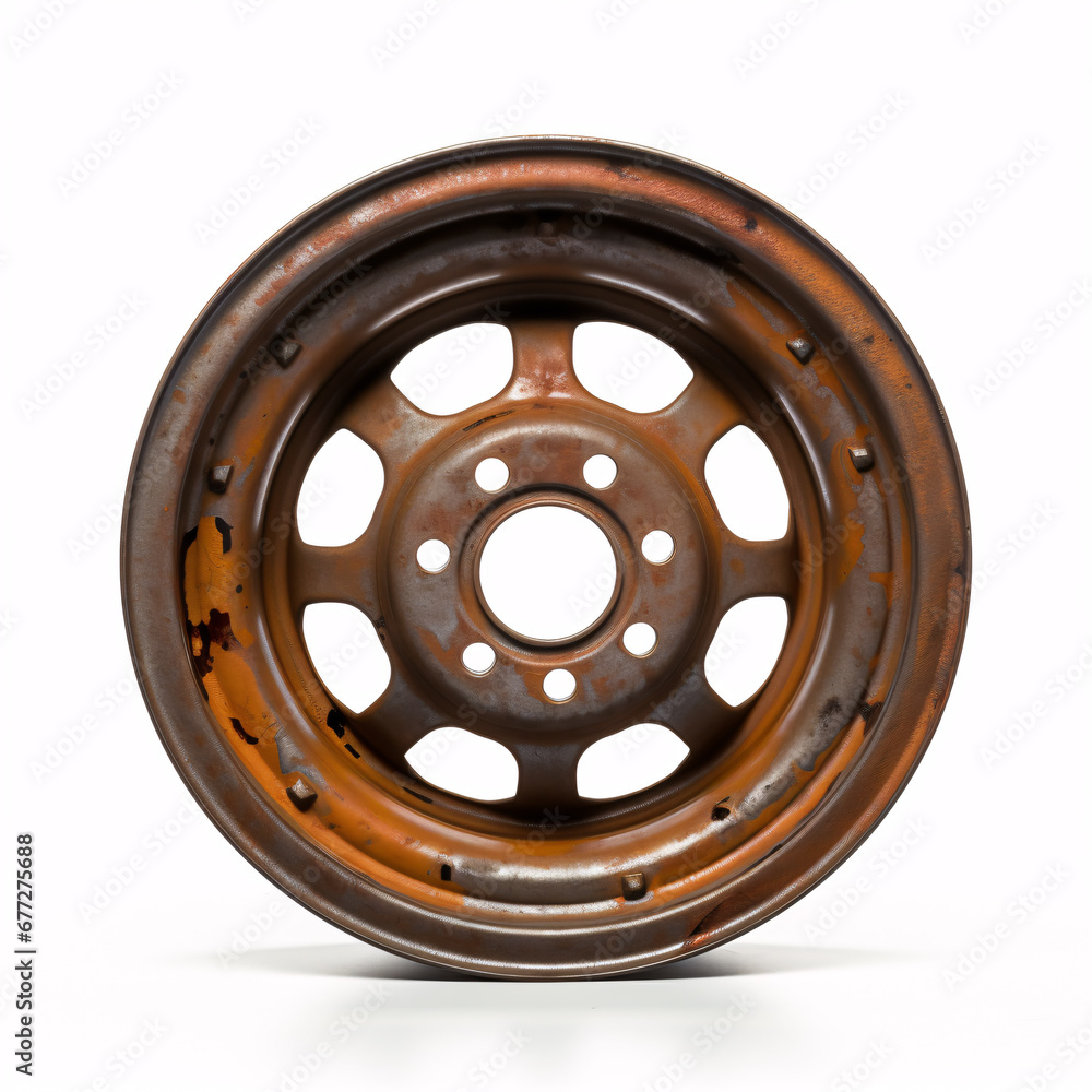 A rusted, aged metal wheel positioned on a brilliant white hue in a sideview and of fine quality.