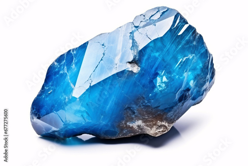 A blue semiprecious gemstone, turkvenit, is depicted in isolation on a white background for geological purposes. photo