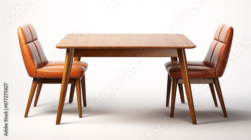A wooden and fabric dining table and chair are isolated on a pristine  white surface.