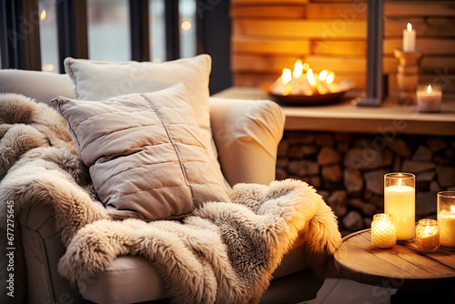 Cozy armchair with sheepskin throw and coffee table with glowing candles. Scandinavian hygge home interior design of modern living room in cabin. Warm and inviting winter atmosphere.