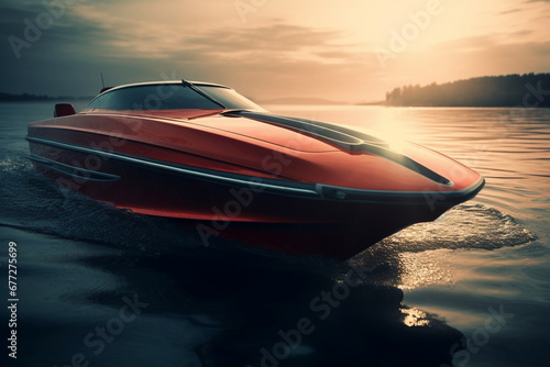 Glide through the waves in style with a red, classy speedboat, a perfect blend of elegance and speed. Ai generated photo