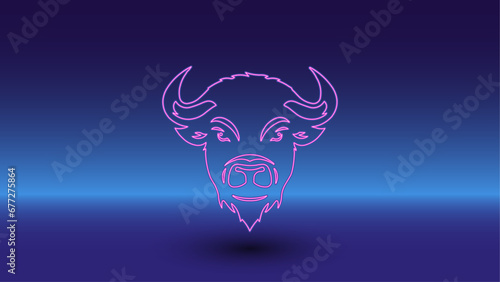 Neon buffalo symbol on a gradient blue background. The isolated symbol is located in the bottom center. Gradient blue with light blue skyline