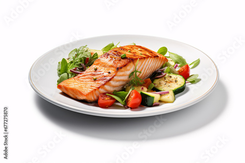A roasted salmon steak and veggies view from above, set apart on a white surface.