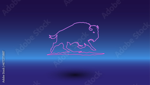 Neon wild buffalo symbol on a gradient blue background. The isolated symbol is located in the bottom center. Gradient blue with light blue skyline