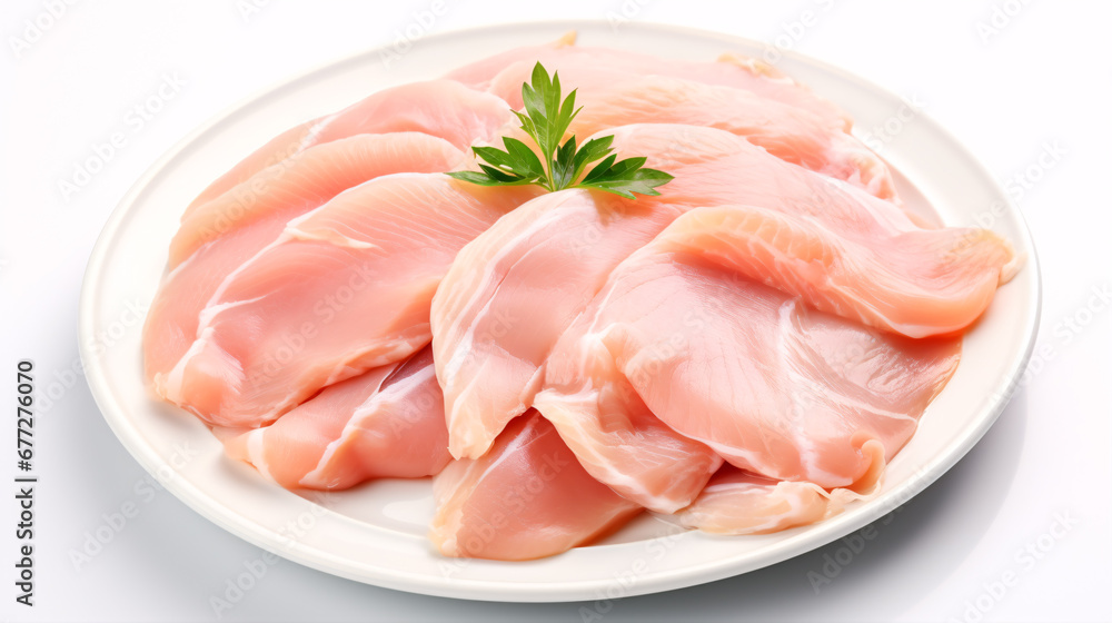 A plate of poultry-meat steaks, namely sliced raw Chicken breast fillets, isolated on white. A plate of poultry-meat steaks, namely sliced raw Chicken breast fillets, isolated on white.