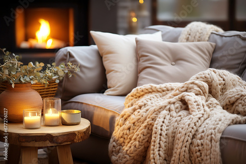 Beige chunky knit throw on grey sofa. Сoffee table with candles against fireplace. Scandinavian farmhouse, hygge home interior design of modern living room. Warm and inviting winter atmosphere. photo