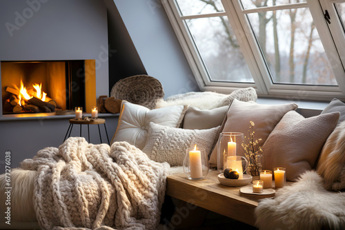 Cozy reading nook by fireplace. Bench with chunky knit blanket and pillows. Scandinavian farmhouse, hygge home interior design of modern living room in attic. Warm winter atmosphere with candles. photo