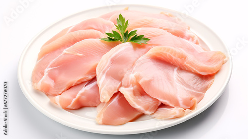 A plate of poultry-meat steaks, namely sliced raw Chicken breast fillets, isolated on white. photo