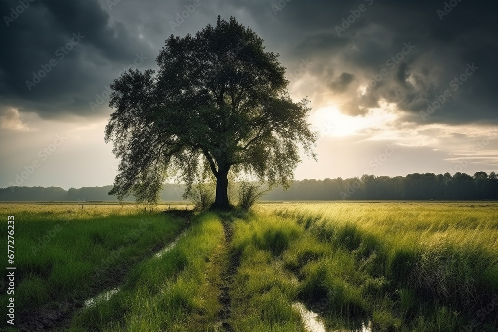 Explore the artistic beauty of a lush green field, where nature's masterpiece unfolds with a solitary tree standing proudly in the middle. Ai generated