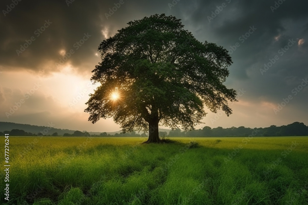 Explore the artistic beauty of a lush green field, where nature's masterpiece unfolds with a solitary tree standing proudly in the middle. Ai generated