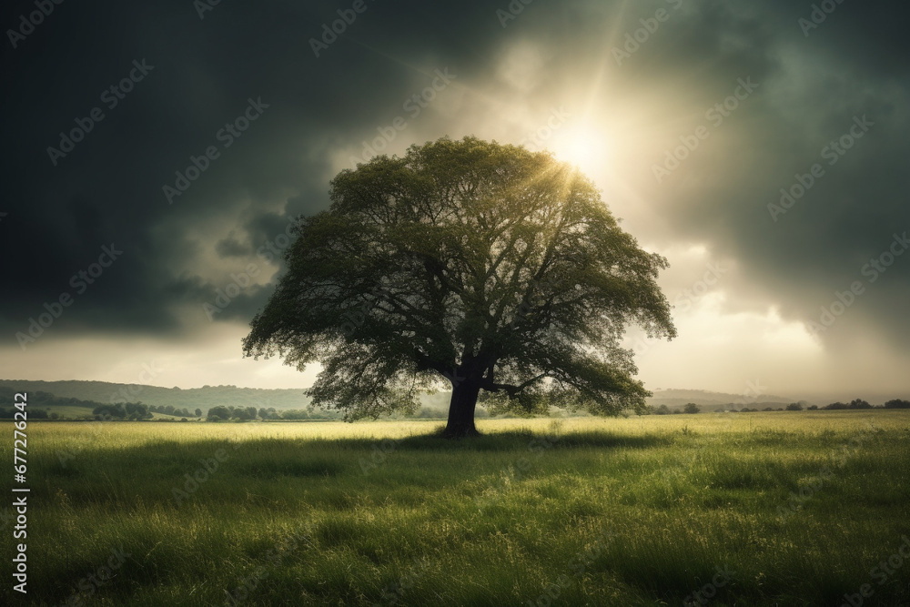 Explore the artistic beauty of a lush green field, where nature's masterpiece unfolds with a solitary tree standing proudly in the middle. Ai generated Explore the artistic beauty of a lush green field, where nature's masterpiece unfolds with a solitary tree standing proudly in the middle. Ai generated