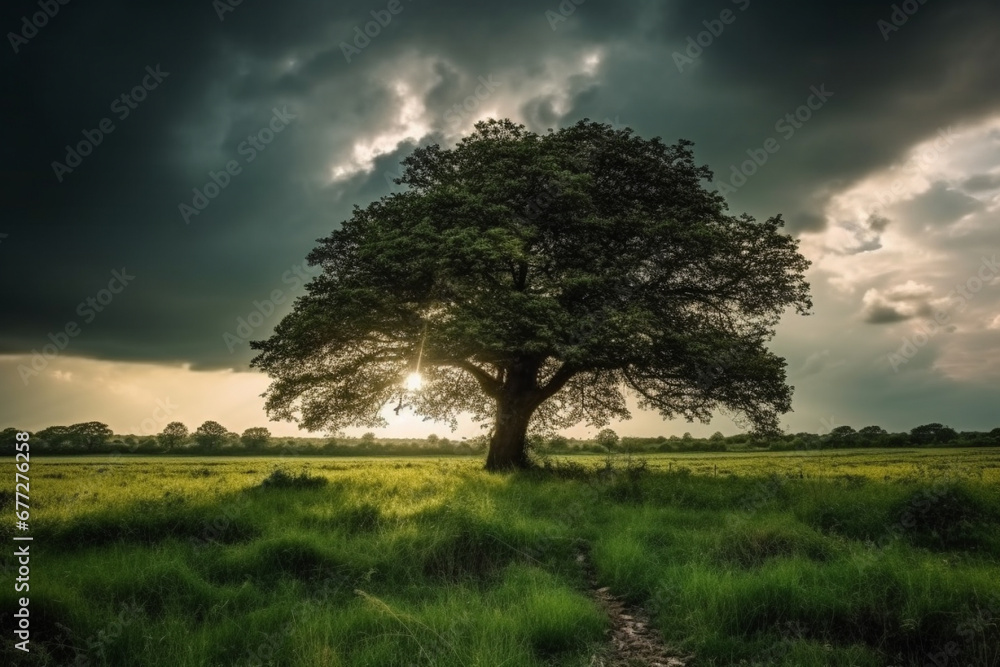 Explore the artistic beauty of a lush green field, where nature's masterpiece unfolds with a solitary tree standing proudly in the middle. Ai generated Explore the artistic beauty of a lush green field, where nature's masterpiece unfolds with a solitary tree standing proudly in the middle. Ai generated
