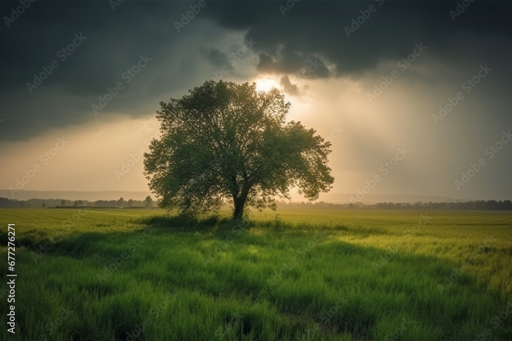 Explore the artistic beauty of a lush green field, where nature's masterpiece unfolds with a solitary tree standing proudly in the middle. Ai generated