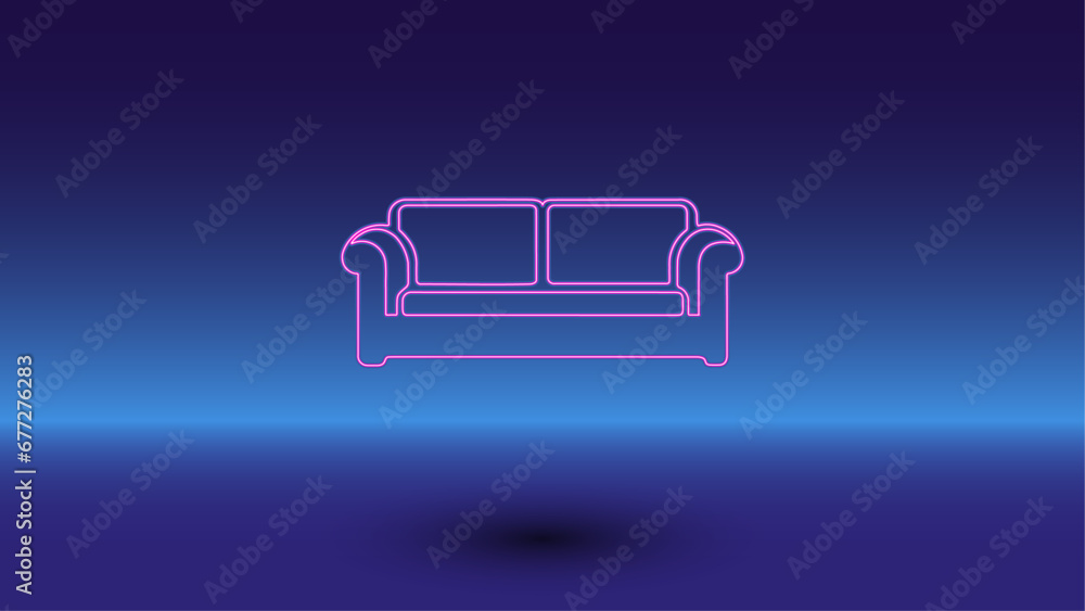 Neon sofa symbol on a gradient blue background. The isolated symbol is located in the bottom center. Gradient blue with light blue skyline Neon sofa symbol on a gradient blue background. The isolated symbol is located in the bottom center. Gradient blue with light blue skyline