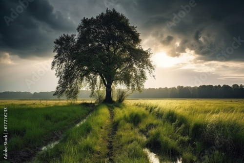 Explore the artistic beauty of a lush green field, where nature's masterpiece unfolds with a solitary tree standing proudly in the middle. Ai generated © dragomirescu