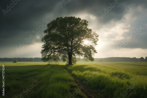 Explore the artistic beauty of a lush green field  where nature s masterpiece unfolds with a solitary tree standing proudly in the middle. Ai generated