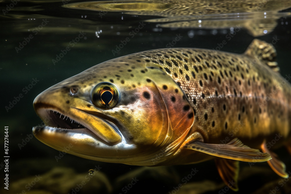 Dive into the aquatic world as a big trout fish gracefully swims underwater captured in a mesmerizing photograph. Ai generated Dive into the aquatic world as a big trout fish gracefully swims underwater captured in a mesmerizing photograph. Ai generated
