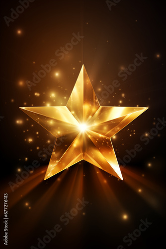 goldener leuchtender Stern mit Lichteffekten auf dunklem Hintergrund und mit Platz für Text. Hochformat. Hochkant. Generative Ai.