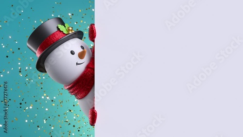 3d cartoon character. Cute snowman toy looks out the corner, holds white banner. Gold confetti falling. Happy New Year. Merry Christmas animated presentation with copy space. Winter holiday background photo