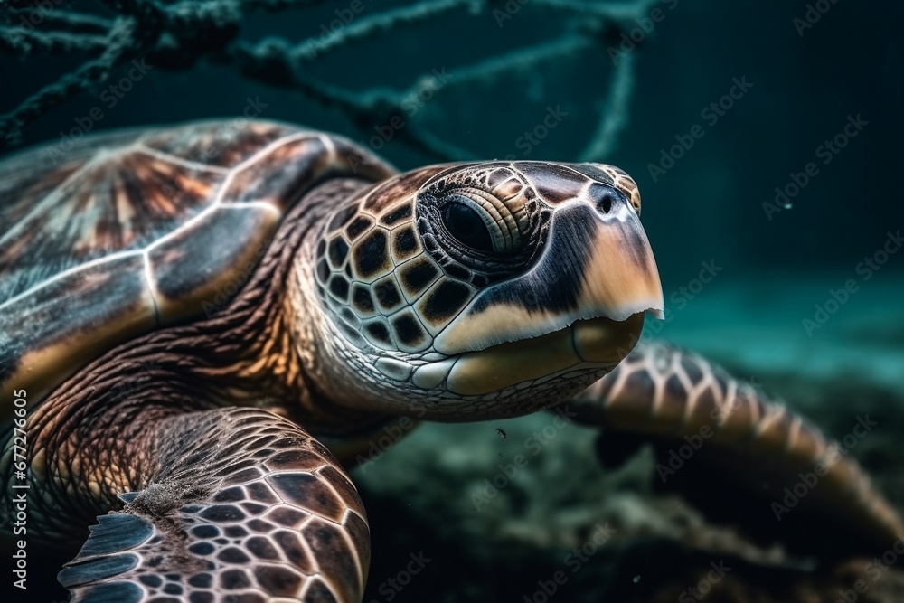 Fototapeta premium A sad moment depicting the suffering of a turtle caught in a fishing net, shedding light on the impact of human activities on marine life. Ai generated