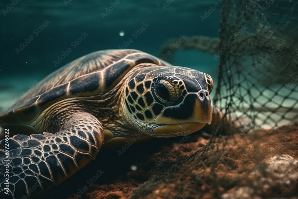 Fototapeta premium A sad moment depicting the suffering of a turtle caught in a fishing net, shedding light on the impact of human activities on marine life. Ai generated