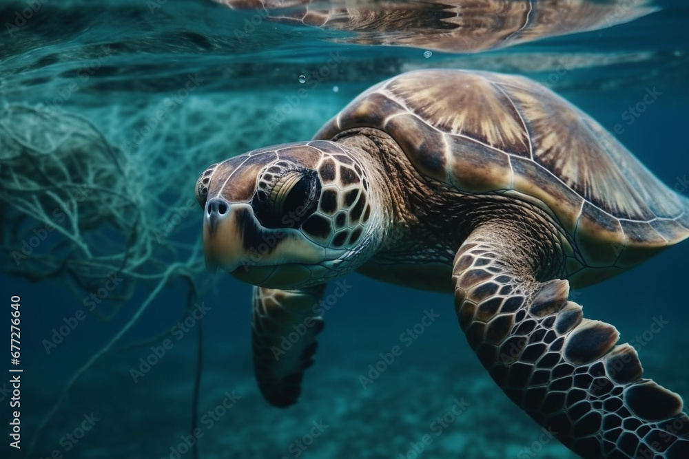Fototapeta premium A sad moment depicting the suffering of a turtle caught in a fishing net, shedding light on the impact of human activities on marine life. Ai generated