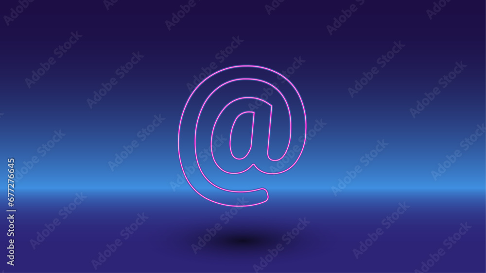 Neon at symbol on a gradient blue background. The isolated symbol is located in the bottom center. Gradient blue with light blue skyline Neon at symbol on a gradient blue background. The isolated symbol is located in the bottom center. Gradient blue with light blue skyline