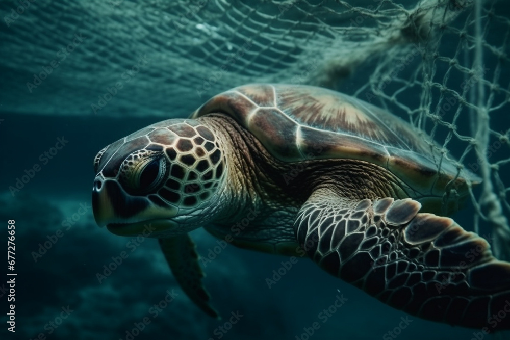 Fototapeta premium A sad moment depicting the suffering of a turtle caught in a fishing net, shedding light on the impact of human activities on marine life. Ai generated