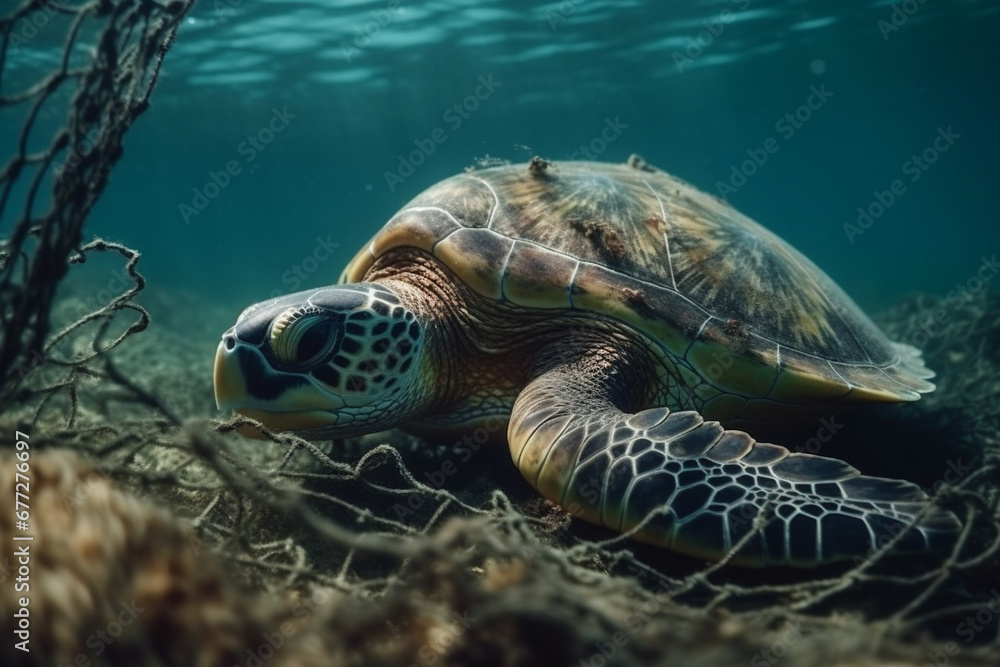 Fototapeta premium A sad moment depicting the suffering of a turtle caught in a fishing net, shedding light on the impact of human activities on marine life. Ai generated