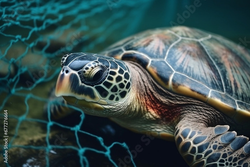A sad moment depicting the suffering of a turtle caught in a fishing net, shedding light on the impact of human activities on marine life. Ai generated
