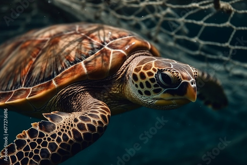 A sad moment depicting the suffering of a turtle caught in a fishing net, shedding light on the impact of human activities on marine life. Ai generated