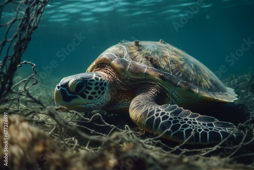 A sad moment depicting the suffering of a turtle caught in a fishing net  shedding light on the impact of human activities on marine life. Ai generated