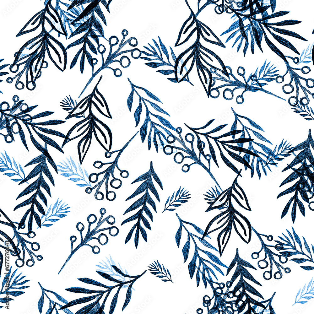 Tropical Leaves Sketch. Blue Invitation Eco. Indigo Tropical Palm Leaves Patterns. Botanical Wallpaper. Tea Pattern Watercolor. Aqua Palm Texture Illustration. Exotic Card.