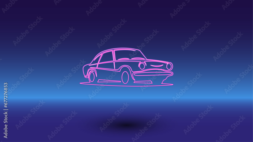 Fototapeta premium Neon vintage car symbol on a gradient blue background. The isolated symbol is located in the bottom center. Gradient blue with light blue skyline