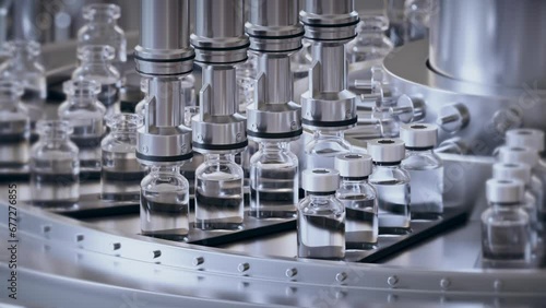 cycled 3d animation, conveyor with the glass jars, modern pharmaceutical factory. Closeup of ampules filled with clear liquid and being closed with metal lids. Medical vaccine production